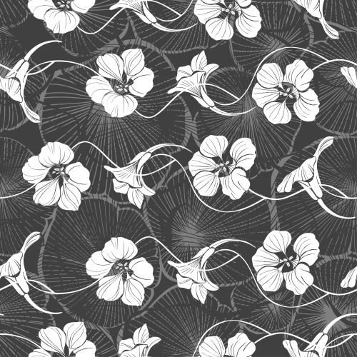Nasturtium. Vector white silhouettes of nasturtium flowers on monochrome leaves