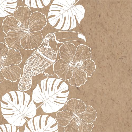 Palm. Vector toucan among hibiscus flowers and monstera leaves on craft