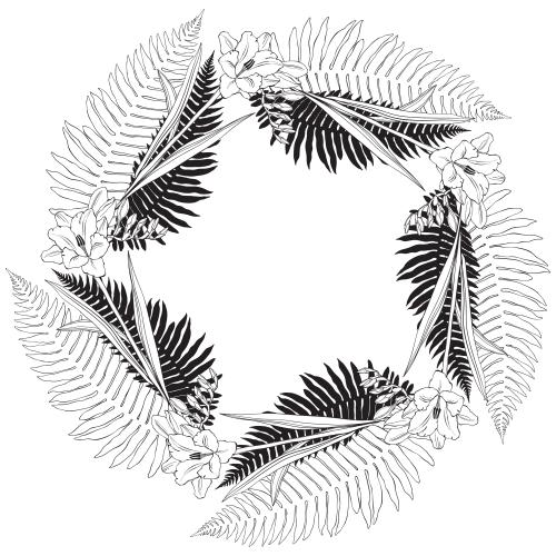 Frame. Vector round frame with freesia flowers and fern leaves on white