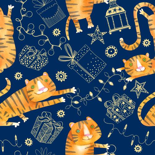 Tiger. Vector cartoonish watercolor tigers, garlands, gifts, star shapes on blue