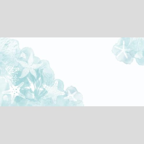 Illustration sea stars, shells, corals, algae on blue watercolor fragments, space for text on white, corner composition