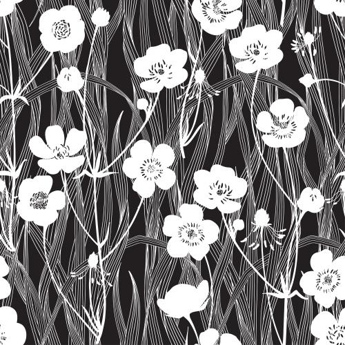 Grass. Vector violet flowers and grass, white outlines and silhouettes on black