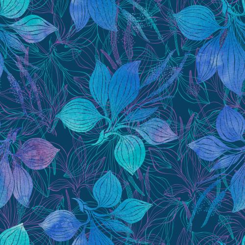 Raster image watercolor plantain contours and silhouettes blue-green shades on dark blue