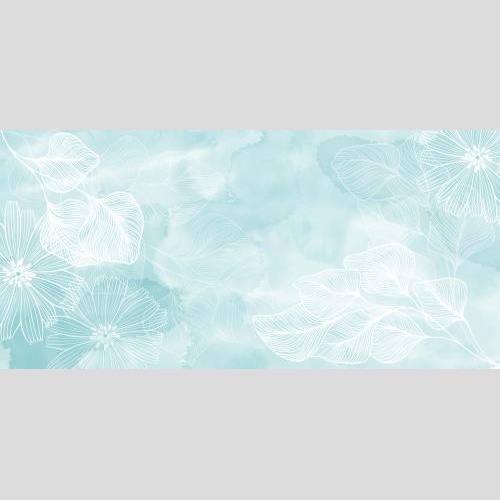 Card. Vector flowers, branches with leaves, contours on blue watercolor
