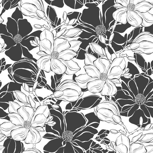 Bud. Vector magnolia silhouettes and contours of flowers on white