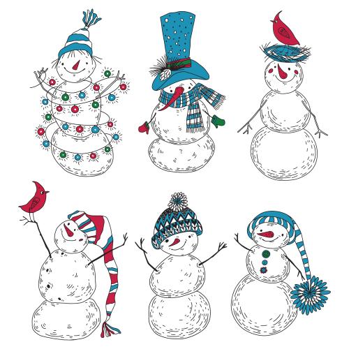 Snowman. Vector cute cartoon-style snowmen on white