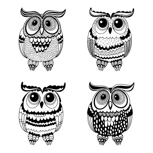 Owl. Vector cute cartoon owls, four options on white