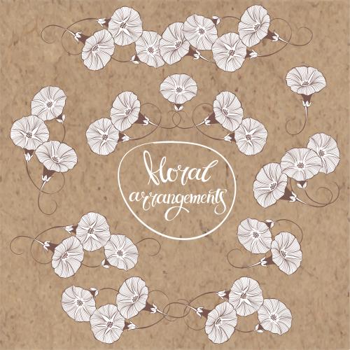 Bindweed. Vector decorative compositions with morning glory flowers on craft