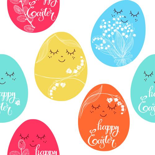 Willow. Vector multicolored cartoon easter eggs with lilies willow and happy easter inscriptions on white