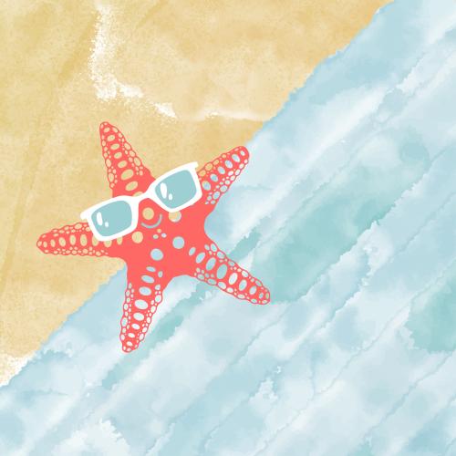 Vector image cartoon starfish in sunglasses, beach and sea