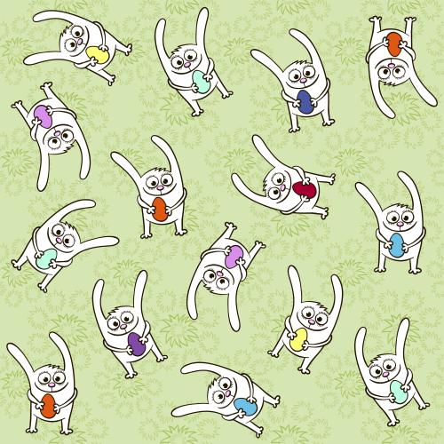 Rabbit. Vector cartoon rabbits with multicolored easter eggs on grass