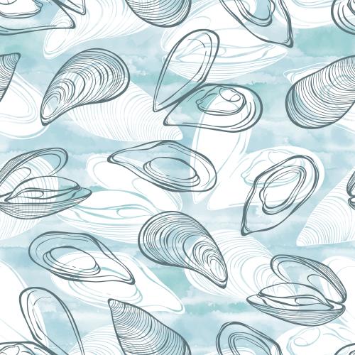 Mussel. Vector mussels, contours and silhouettes on blue watercolor