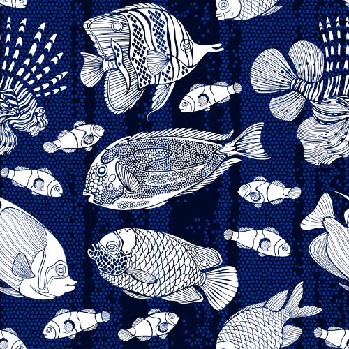 Vector image tropical fish, white silhouettes on blue mosaic