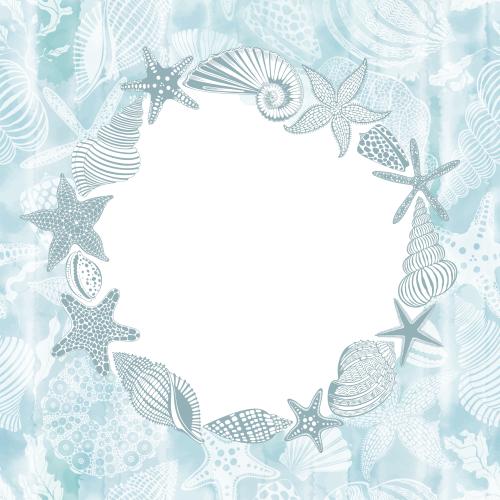 Vector image sea stars shells nautilus sea urchin corals algae on a blue watercolor white circular area for text