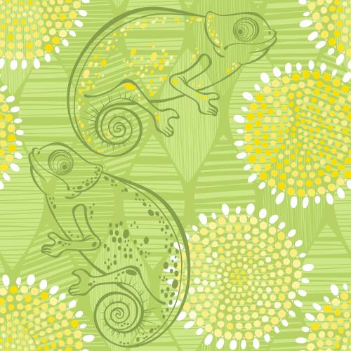 Pea. Vector cute cartoon-style chameleons on abstract green leaves and flowers