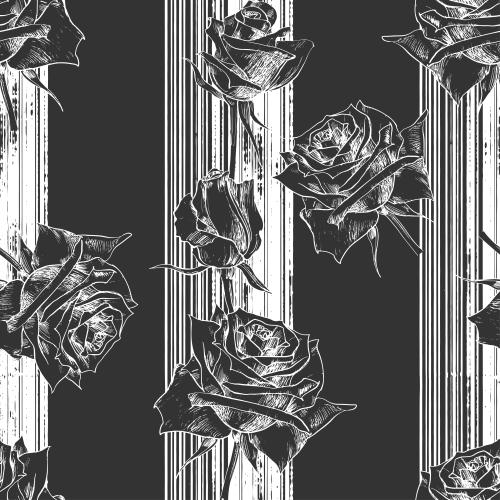 Floral. Vector roses textured stripes on black