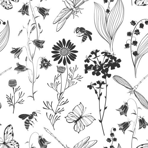 Bee. Vector bell flowers lilies of the valley daisies rapeseed butterflies dragonflies and bees on white