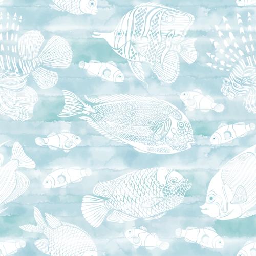 Vector image exotic cartoon fish, white silhouettes on light blue watercolor