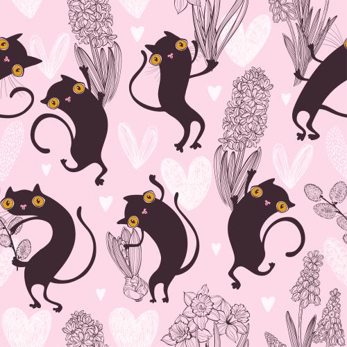 Spring. Vector cartoonish black cats with hyacinths, daffodils, muscari, willow branch, and hearts on soft-pink