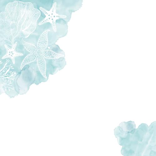 Vector image sea stars, corals, blue watercolor fragments, space for text on white, corner composition