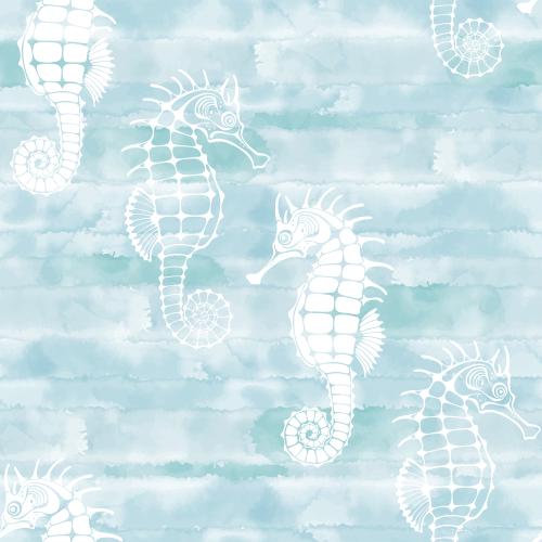 Illustration sea horses white silhouettes and contours on a blue watercolor