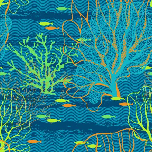Female. Vector underwater world seaweed corals fish and waves