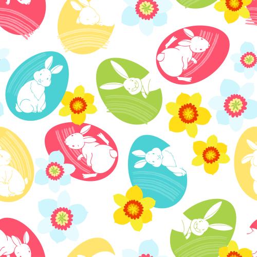 Illustration colorful easter eggs cute rabbits and daffodils on white