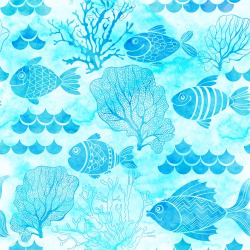 Raster image cartoon fish, waves, corals and algae on a watercolor turquoise