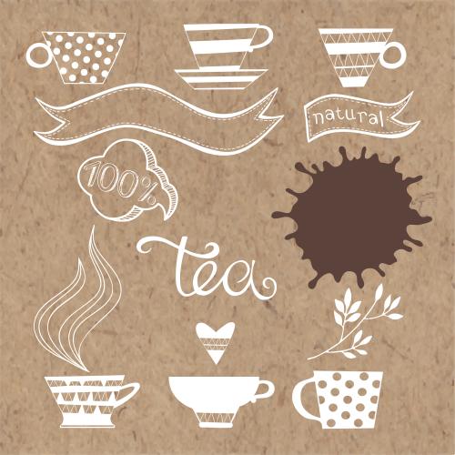 Blot. Vector tea cups, tea stain, heart, ribbons on craft