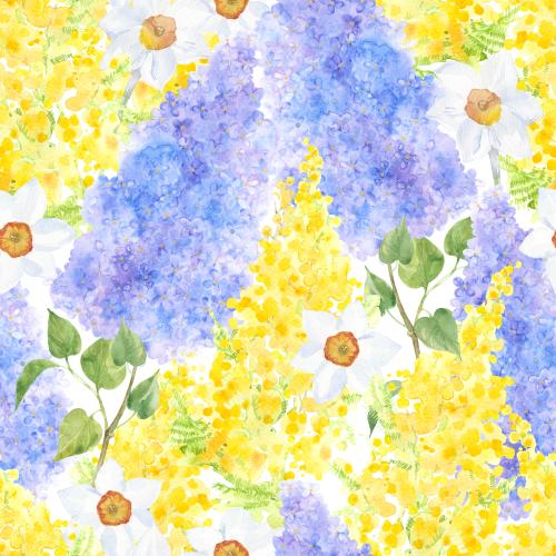 Raster image watercolor lilac mimosa and daffodils on white