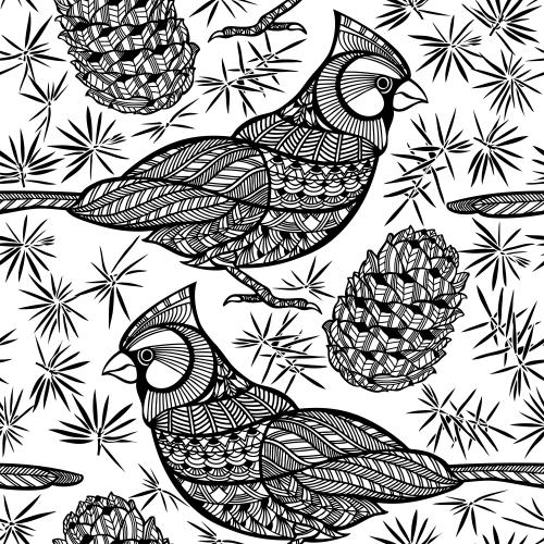Christmas tree. Vector cardinal birds, cones, pine branches on white