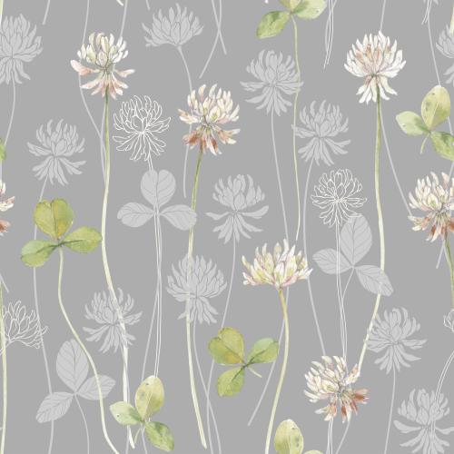 Raster image clover, flowers and leaves on gray