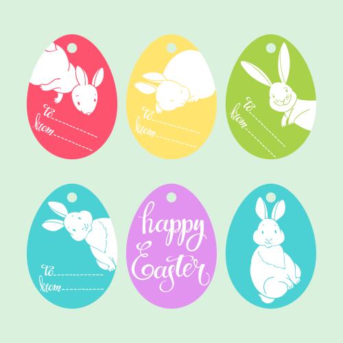 Tag. Vector multicolored easter egg tags with cute rabbits