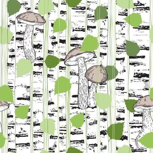 Vector image boletus mushrooms, stylized birch trunks and leaves, colored vertical lines