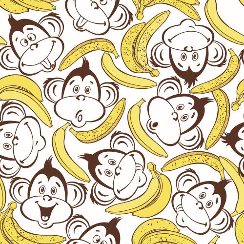 Vector for tableware Printing cute little monkey faces and bananas on white