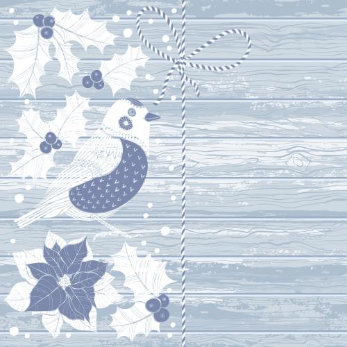 Bullfinch. Vector snowbird, poinsettia, euphorbia, ribbon with a bow, place for text on textured wooden