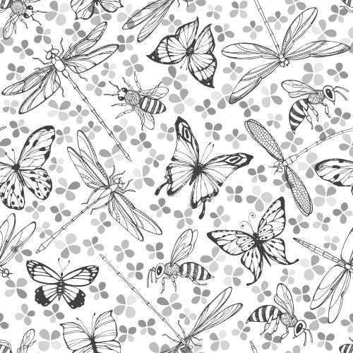 Floral. Vector Pattern dragonflies butterflies bees silhouettes of monochrome flowers on white