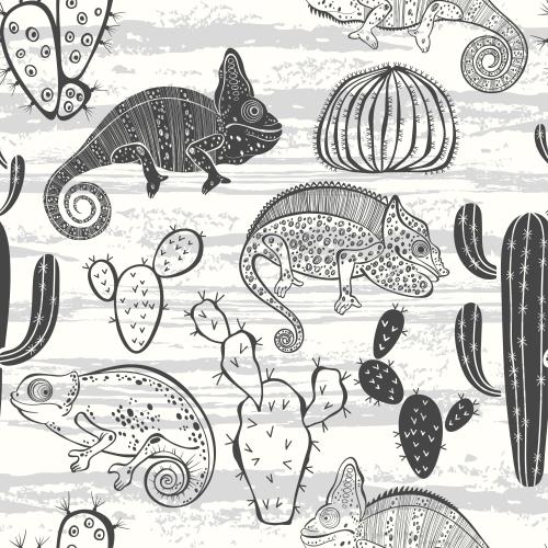 Floral. Vector chameleons and cacti, contours and silhouettes on textured white