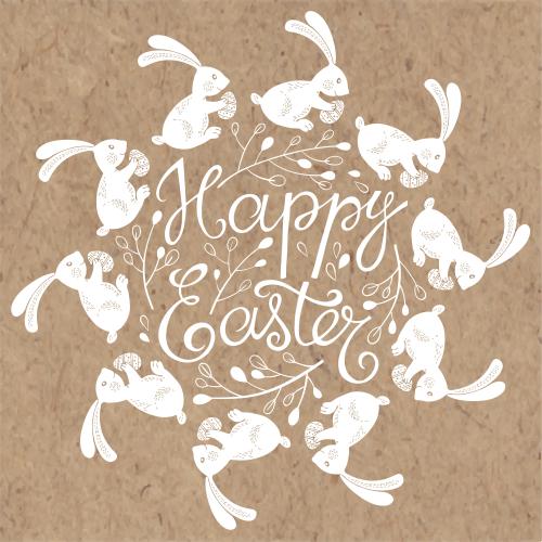Vector image rabbits with easter eggs running in a circle, branches and 'happy easter' text on craft