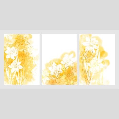 Card. Vector three postcards with daffodils on watercolor