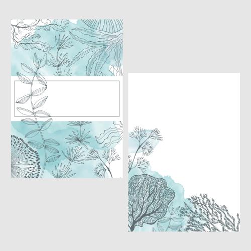 Illustration two postcards on a marine theme with watercolor fragments corals seaweeds and a place for text
