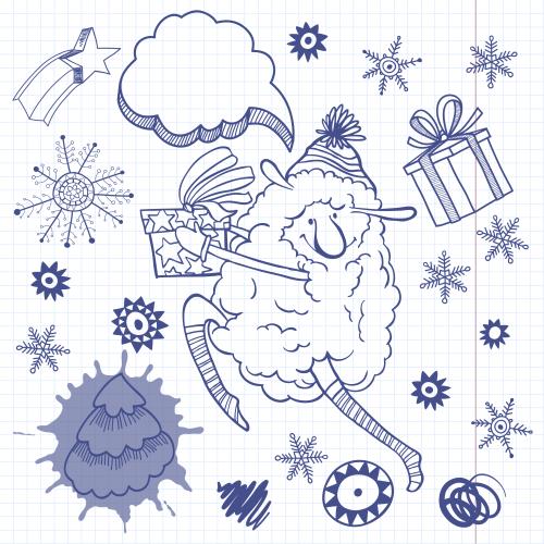 Notebook. Vector cute cartoon-style sheep with a gift, christmas elements in doodle style on a lined notebook sheet