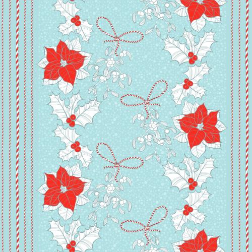 Pea. Vector poinsettia, mistletoe, holly, two-color festive ribbons on blue polka dots