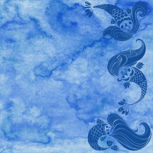 Mermaid. Vector three cartoon-style mermaids on a blue watercolor