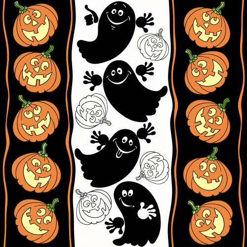 Halloween. Vector cartoonish ghosts and cute pumpkins on black and white