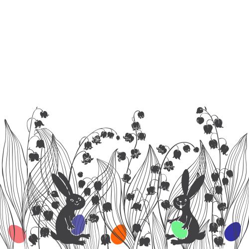Rabbit. Vector lilies cute rabbits with easter eggs space for text on white