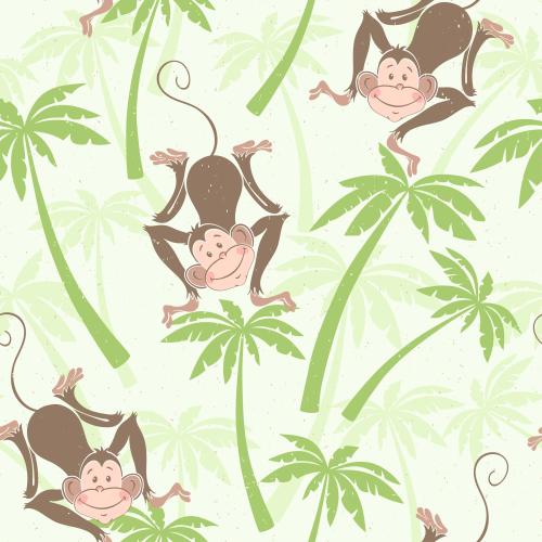 Palm. Vector cute monkeys and palms