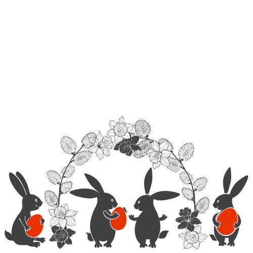 Egg. Vector cute rabbits with red easter eggs arch of willow and daffodils on white