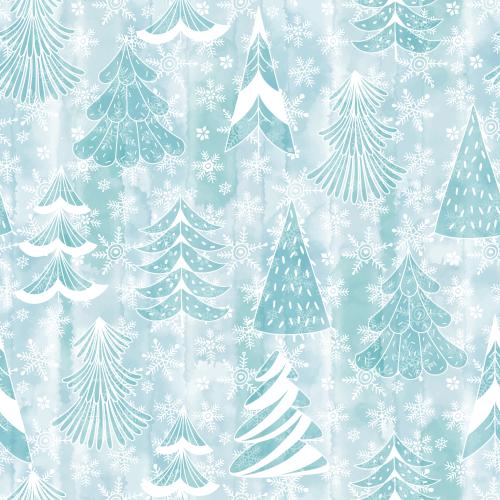 Illustration stylized tree shapes, snowflakes on blue watercolor