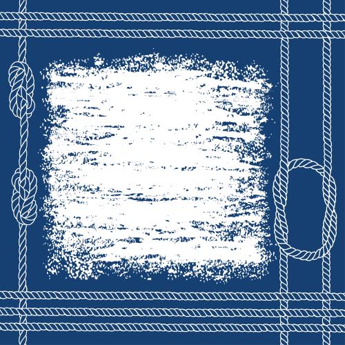 Square. Vector frame from ropes with nautical knots on blue